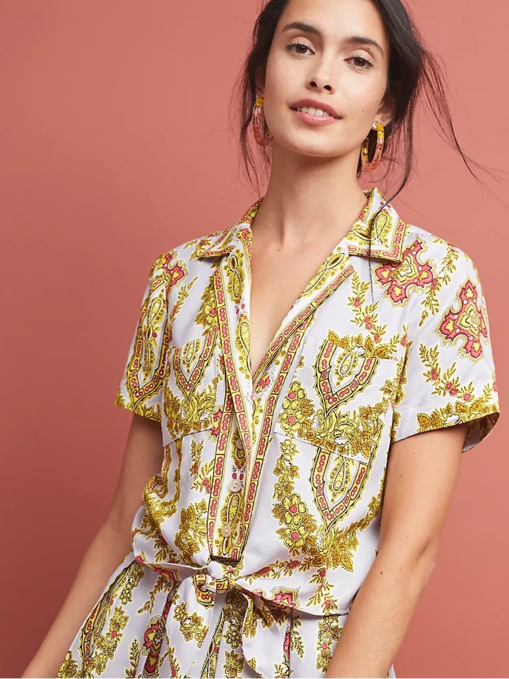 Tie-Front Printed Crop Shirt - Lavender/Olive - Picture 5 of 5